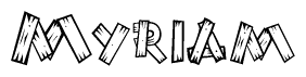 The image contains the name Myriam written in a decorative, stylized font with a hand-drawn appearance. The lines are made up of what appears to be planks of wood, which are nailed together