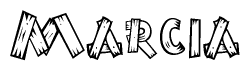 The image contains the name Marcia written in a decorative, stylized font with a hand-drawn appearance. The lines are made up of what appears to be planks of wood, which are nailed together