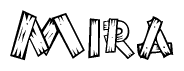 The image contains the name Mira written in a decorative, stylized font with a hand-drawn appearance. The lines are made up of what appears to be planks of wood, which are nailed together