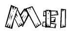 The image contains the name Mei written in a decorative, stylized font with a hand-drawn appearance. The lines are made up of what appears to be planks of wood, which are nailed together