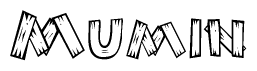The image contains the name Mumin written in a decorative, stylized font with a hand-drawn appearance. The lines are made up of what appears to be planks of wood, which are nailed together