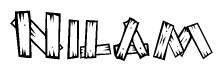 The clipart image shows the name Nilam stylized to look as if it has been constructed out of wooden planks or logs. Each letter is designed to resemble pieces of wood.
