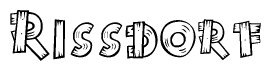 The clipart image shows the name Rissdorf stylized to look as if it has been constructed out of wooden planks or logs. Each letter is designed to resemble pieces of wood.