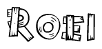 The image contains the name Roei written in a decorative, stylized font with a hand-drawn appearance. The lines are made up of what appears to be planks of wood, which are nailed together