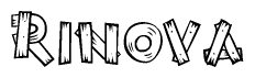 The image contains the name Rinova written in a decorative, stylized font with a hand-drawn appearance. The lines are made up of what appears to be planks of wood, which are nailed together