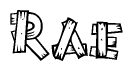 The clipart image shows the name Rae stylized to look as if it has been constructed out of wooden planks or logs. Each letter is designed to resemble pieces of wood.
