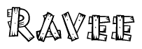 The clipart image shows the name Ravee stylized to look as if it has been constructed out of wooden planks or logs. Each letter is designed to resemble pieces of wood.