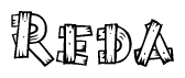 The image contains the name Reda written in a decorative, stylized font with a hand-drawn appearance. The lines are made up of what appears to be planks of wood, which are nailed together