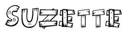 The image contains the name Suzette written in a decorative, stylized font with a hand-drawn appearance. The lines are made up of what appears to be planks of wood, which are nailed together