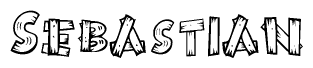 The clipart image shows the name Sebastian stylized to look as if it has been constructed out of wooden planks or logs. Each letter is designed to resemble pieces of wood.