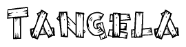 The image contains the name Tangela written in a decorative, stylized font with a hand-drawn appearance. The lines are made up of what appears to be planks of wood, which are nailed together