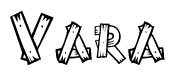 The image contains the name Vara written in a decorative, stylized font with a hand-drawn appearance. The lines are made up of what appears to be planks of wood, which are nailed together