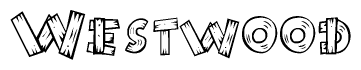 The image contains the name Westwood written in a decorative, stylized font with a hand-drawn appearance. The lines are made up of what appears to be planks of wood, which are nailed together