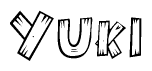 The image contains the name Yuki written in a decorative, stylized font with a hand-drawn appearance. The lines are made up of what appears to be planks of wood, which are nailed together