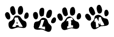The image shows a row of animal paw prints, each containing a letter. The letters spell out the word Alim within the paw prints.