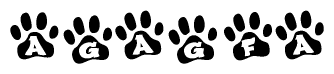 The image shows a series of animal paw prints arranged horizontally. Within each paw print, there's a letter; together they spell Agagfa
