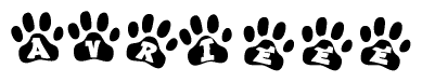 The image shows a series of animal paw prints arranged in a horizontal line. Each paw print contains a letter, and together they spell out the word Avrieee.