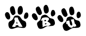 The image shows a series of animal paw prints arranged horizontally. Within each paw print, there's a letter; together they spell Abu