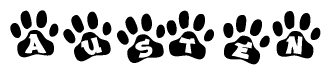 The image shows a row of animal paw prints, each containing a letter. The letters spell out the word Austen within the paw prints.