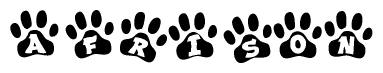 The image shows a row of animal paw prints, each containing a letter. The letters spell out the word Afrison within the paw prints.