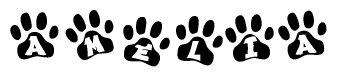 The image shows a series of animal paw prints arranged horizontally. Within each paw print, there's a letter; together they spell Amelia