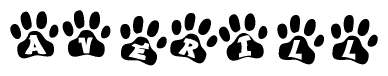 The image shows a row of animal paw prints, each containing a letter. The letters spell out the word Averill within the paw prints.