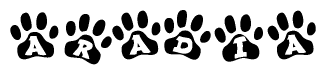 The image shows a row of animal paw prints, each containing a letter. The letters spell out the word Aradia within the paw prints.