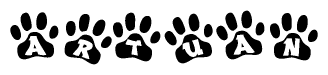 The image shows a series of animal paw prints arranged in a horizontal line. Each paw print contains a letter, and together they spell out the word Artuan.