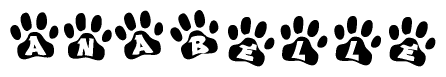 The image shows a series of animal paw prints arranged in a horizontal line. Each paw print contains a letter, and together they spell out the word Anabelle.