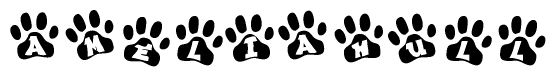 The image shows a row of animal paw prints, each containing a letter. The letters spell out the word Ameliahull within the paw prints.