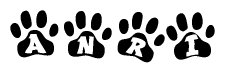 The image shows a row of animal paw prints, each containing a letter. The letters spell out the word Anri within the paw prints.