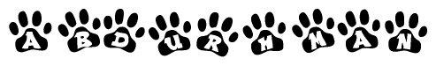The image shows a series of animal paw prints arranged in a horizontal line. Each paw print contains a letter, and together they spell out the word Abdurhman.