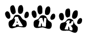 The image shows a series of animal paw prints arranged horizontally. Within each paw print, there's a letter; together they spell Ank
