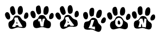 The image shows a row of animal paw prints, each containing a letter. The letters spell out the word Avalon within the paw prints.