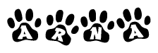 The image shows a series of animal paw prints arranged horizontally. Within each paw print, there's a letter; together they spell Arna