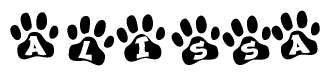 The image shows a row of animal paw prints, each containing a letter. The letters spell out the word Alissa within the paw prints.