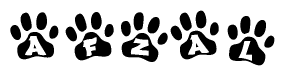 The image shows a series of animal paw prints arranged in a horizontal line. Each paw print contains a letter, and together they spell out the word Afzal.