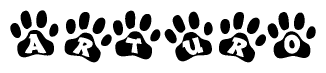 The image shows a series of animal paw prints arranged horizontally. Within each paw print, there's a letter; together they spell Arturo