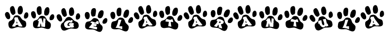 The image shows a series of animal paw prints arranged in a horizontal line. Each paw print contains a letter, and together they spell out the word Angelatarantula.