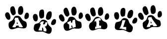 The image shows a row of animal paw prints, each containing a letter. The letters spell out the word Akhila within the paw prints.