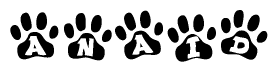 The image shows a series of animal paw prints arranged in a horizontal line. Each paw print contains a letter, and together they spell out the word Anaid.