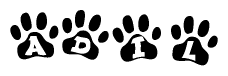 The image shows a series of animal paw prints arranged in a horizontal line. Each paw print contains a letter, and together they spell out the word Adil.