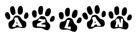 The image shows a series of animal paw prints arranged in a horizontal line. Each paw print contains a letter, and together they spell out the word Azlan.