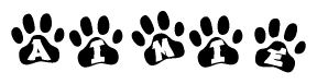 The image shows a series of animal paw prints arranged horizontally. Within each paw print, there's a letter; together they spell Aimie