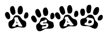 The image shows a row of animal paw prints, each containing a letter. The letters spell out the word Asad within the paw prints.