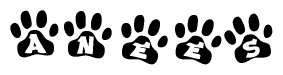 The image shows a series of animal paw prints arranged in a horizontal line. Each paw print contains a letter, and together they spell out the word Anees.