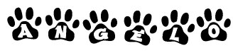 The image shows a series of animal paw prints arranged in a horizontal line. Each paw print contains a letter, and together they spell out the word Angelo.