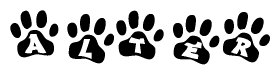 The image shows a row of animal paw prints, each containing a letter. The letters spell out the word Alter within the paw prints.
