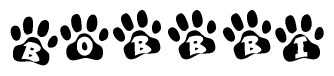 The image shows a series of animal paw prints arranged horizontally. Within each paw print, there's a letter; together they spell Bobbbi