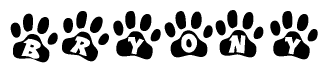 The image shows a series of animal paw prints arranged in a horizontal line. Each paw print contains a letter, and together they spell out the word Bryony.